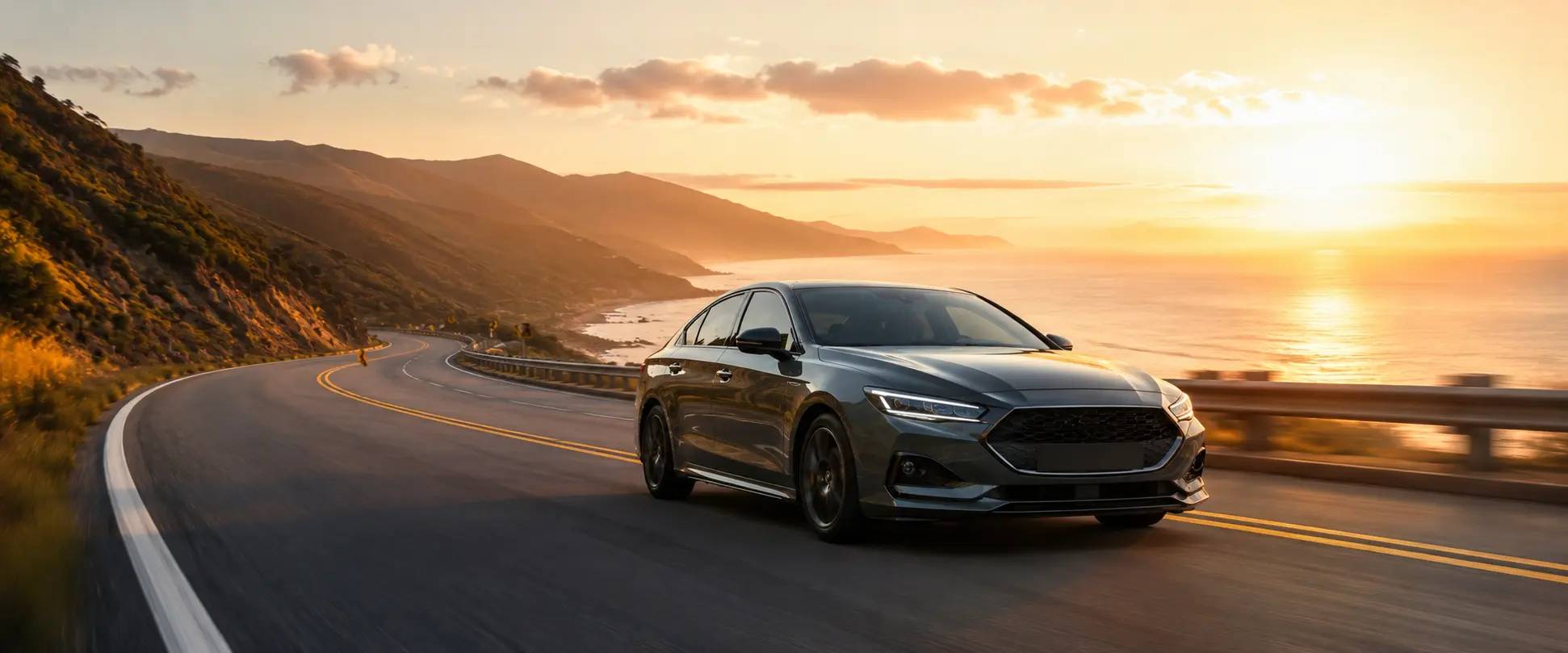 Premium car on a scenic coastal highway at sunset
